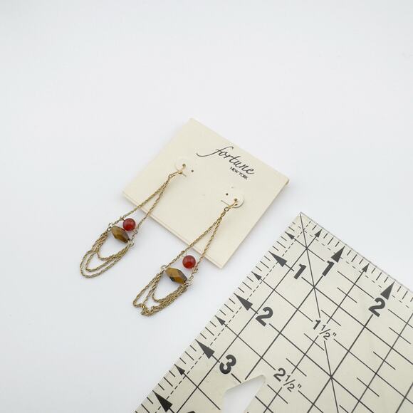 Fortune New York Chain Drop Earrings Gold Tone with Red and Amber Beads - Picture 5 of 5